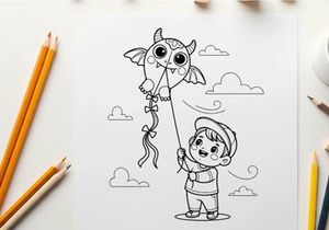 Child flying owl kite outdoor fun vector illustration