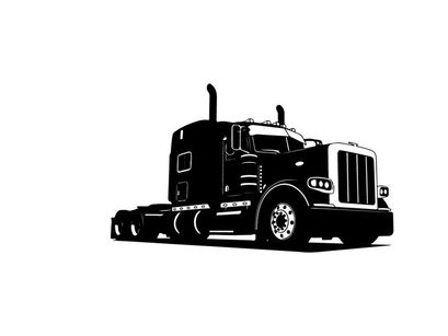 Silhouette of a large black semi truck on a white background