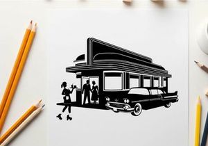 Vintage diner with silhouette of people and classic car