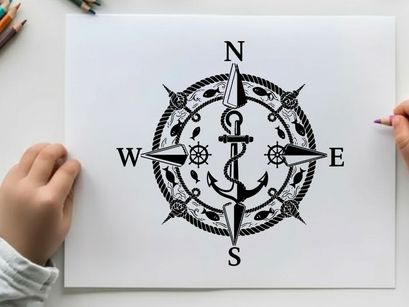 Nautical compass rose with anchor silhouette