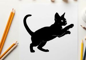 Black cat silhouette jumping to the right with tail up