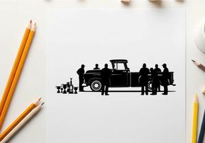 Silhouette of people standing around a classic pickup truck