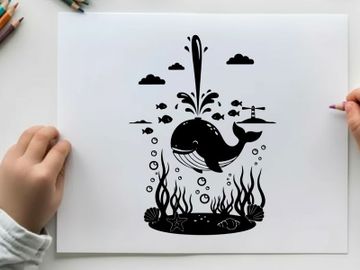 Whale silhouette jumping out of ocean water with seaweed silhouette preview picture