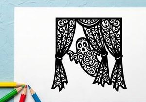 Silhouette of a Hummingbird in Front of Ornate Curtain Window Scene