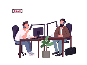 Radio show host and guest flat color vector faceless characters preview picture