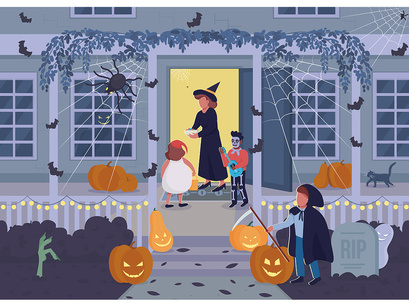 Halloween night celebration color vector illustration set