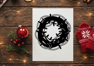 Schwarze Silhouette eines Weihnachtskranzes mit Lichterketten auf weißem Hintergrund