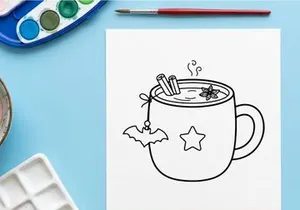 Hot coffee mug with whipped cream and cinnamon for winter holidays. Cozy festive drink topped with marshmallows and snowflake decorations.