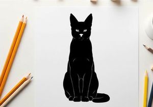 Black cat silhouette sitting upright facing forward