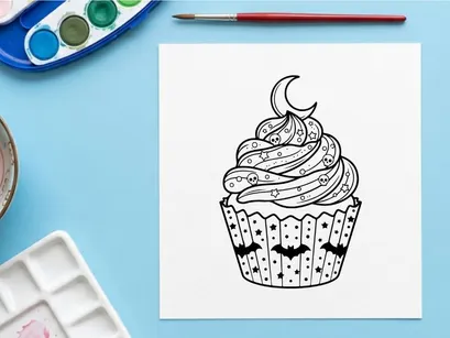 Handgezeichneter Cupcake mit spiralförmiger Zuckerguss-Dekoration und Halbmond-Topper. Verspielte Dessert-Illustration mit dekorativer Glasur und verspieltem Bäckerei-Design.