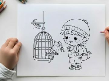 Child with parrot in cage vector illustration flat design preview picture