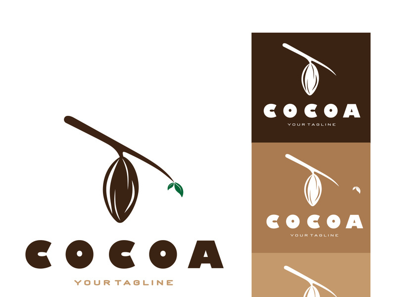 cocoa logo,cocoa bean,cocoa tree,cocoa branches and leaves,chocolate mix on white background,vintage,modern,simple,minimalist icon illustration template design vector
