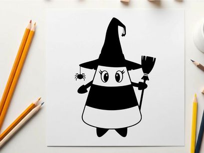 Silhouette of a cartoon witch with a broom and hat