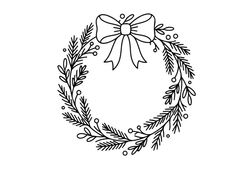 Hand drawn Christmas wreath with bow, festive holiday line art illustration on white