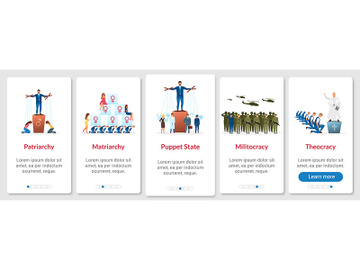 Political systems metaphors onboarding mobile app page screen vector template preview picture