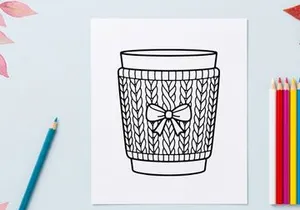 Christmas coffee cup with knitted cozy and bow line art illustration