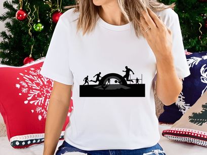 Silhouettes of soccer players in action on a field