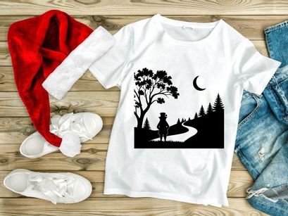 Silhouette traveler with top hat under crescent moon in forest night