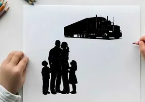 Silhouette of a family and a semi truck on a white background