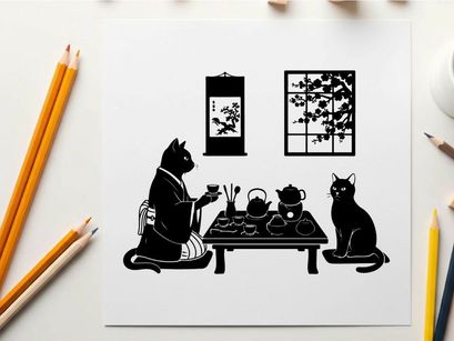 Two cats in silhouette enjoying traditional japanese tea ceremony