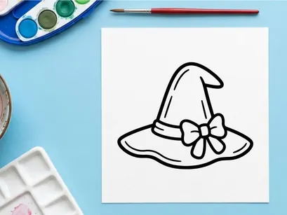 Topi penyihir bergambar tangan dengan pita. Ilustrasi aksesoris pesta klasik hitam putih untuk desain meriah.