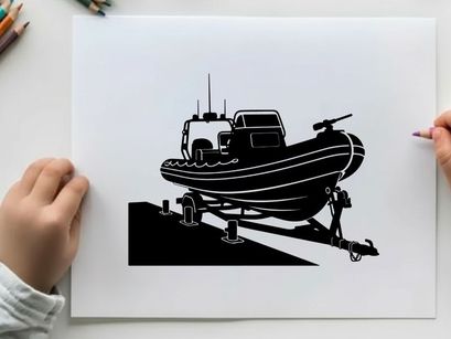 Silhouette of a boat on a trailer in a black and white image