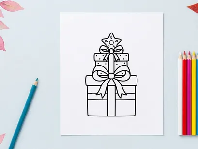 Ilustração de arte vetorial de caixas de presente de Natal com laços e enfeites em estrela para página de colorir