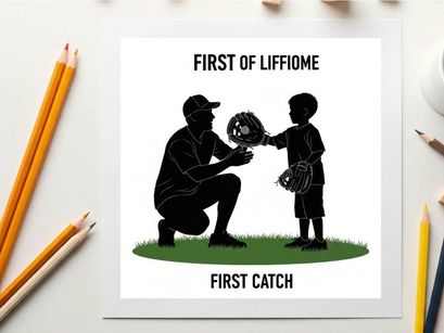 Silhouette of a man and boy catching a baseball first of liffiome