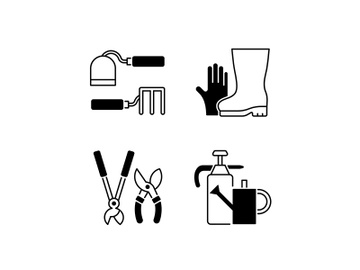 Gardening supplies black linear icons set preview picture