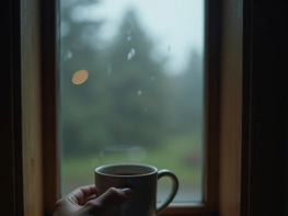 A hand holds a mug near a rain-streaked window, creating a cozy, contemplative moment. preview picture