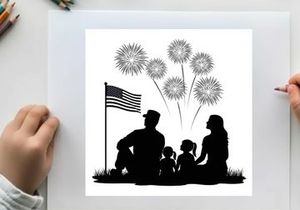 Family watching fireworks display on 4th of july in silhouette