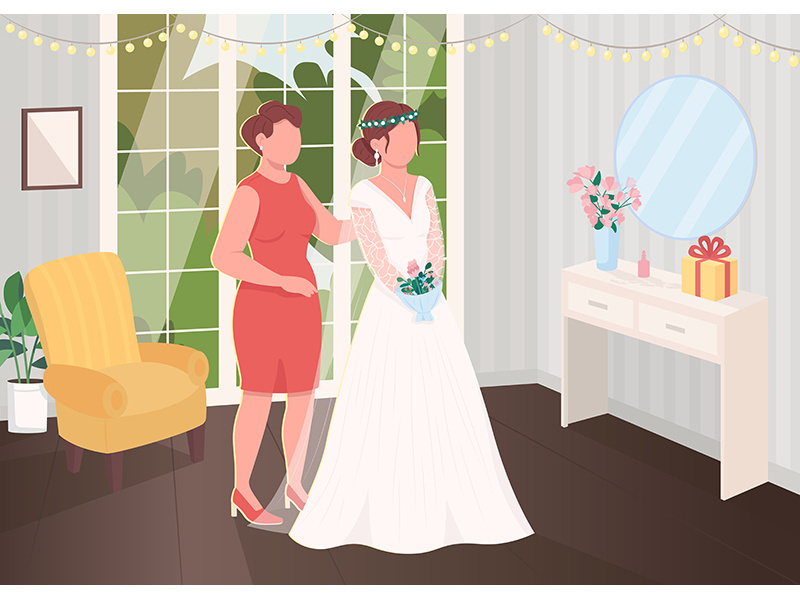 Bride preparation with bridesmaid flat color vector illustration
