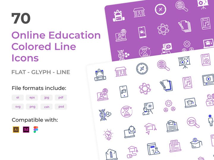 Online Education and Learning Colored Line Icons