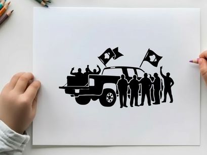 Silhouette of people with flags standing next to a truck