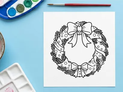 Ilustración de arte lineal de corona navideña con lazos y ramas de pino para página de colorear.