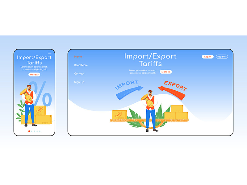 Import and export tariffs adaptive landing page flat color vector template
