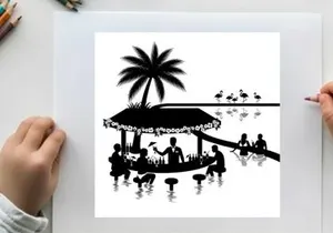 Silhouette of people on a boat under a palm tree