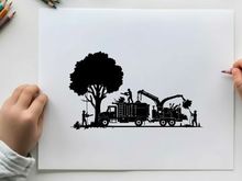 Tree removal service workers with truck and equipment silhouette