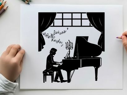 Silhouette of a man playing a grand piano