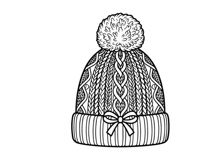 Hand-drawn winter knit hat with snowflake pattern and pom pom for festive holiday fashion