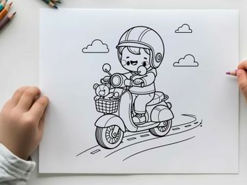 Cute child riding scooter with teddy vector illustration preview picture