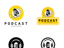 podcast logo with microphone and earphone audio, radio waves. for studio, talk show, chat, information sharing, interview, multimedia and web.