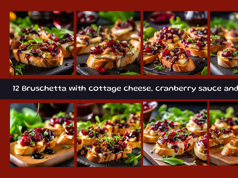 Bruschetta with cottage cheese, cranberry sauce and walnuts