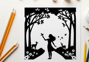 Silhouette of a girl in a forest with deer and flowers silhouette
