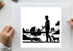 Silhouette of a man walking dog and pushing baby stroller in park