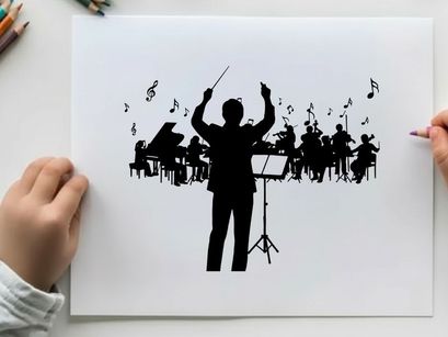 Silhouette of conductor leading an orchestra in music performance