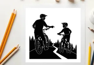 Cyclists on a forest road in silhouette