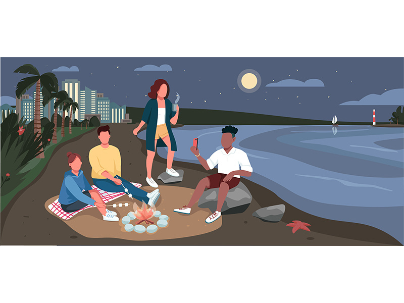 Friends evening picnic at sandy beach flat color vector illustration