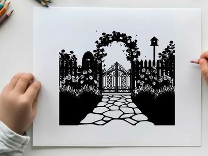 Silhouette of a beautiful garden gate and pathway silhouette