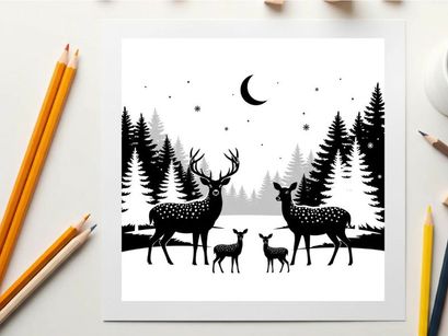 Deer family silhouette under moonlit night sky with pine trees